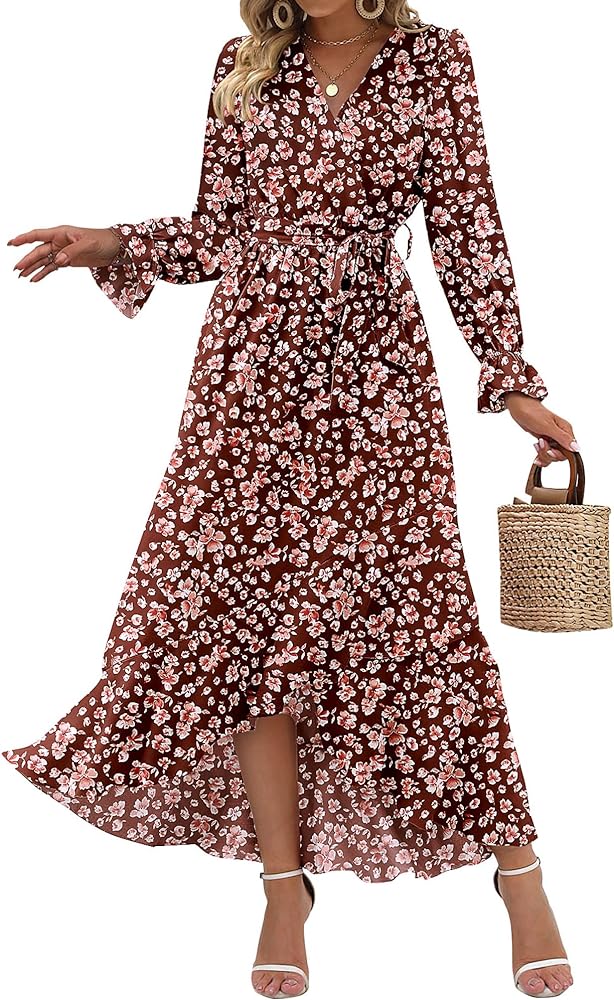 BTFBM Women Long Sleeve Wrap Maxi Dress V Neck Boho Floral High Waist Flowy Ruffle 2024 Spring Summer Dresses with Belt