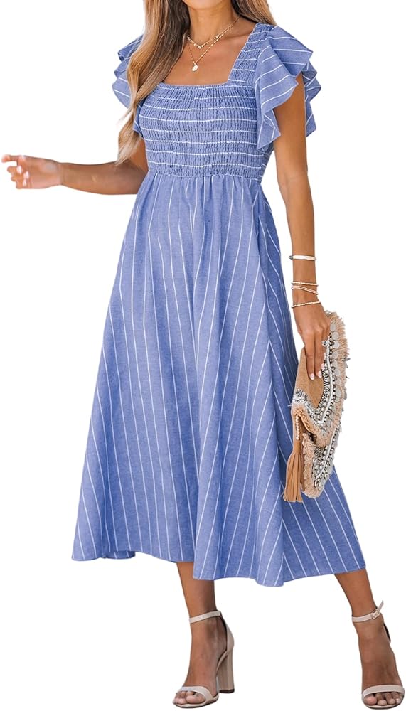 CUPSHE Women's Square Neck Striped Smocked Dress Ruffled Cap Sleeves Dress A Line Maxi Formal Dress