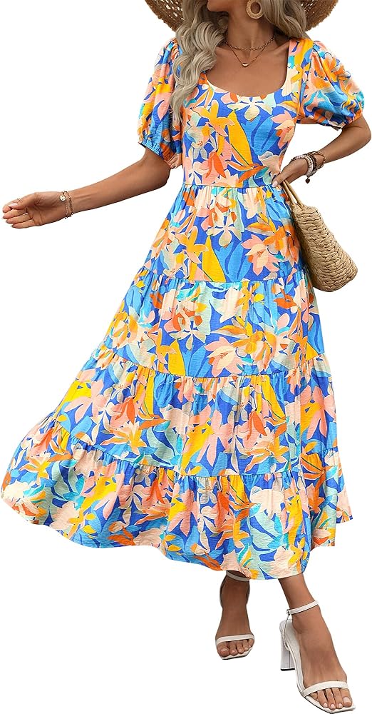 BTFBM Women's Boho Summer Dresses Short Sleeve Floral Print Smocked Tie Back Tiered A-Line Flowy Cruise Vacation Dress