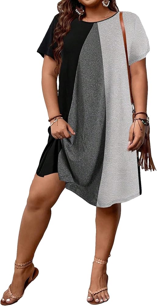 SOLY HUX Women's Plus Size Dress Color Block Short Sleeve T Shirt Dress Casual Summer Dresses