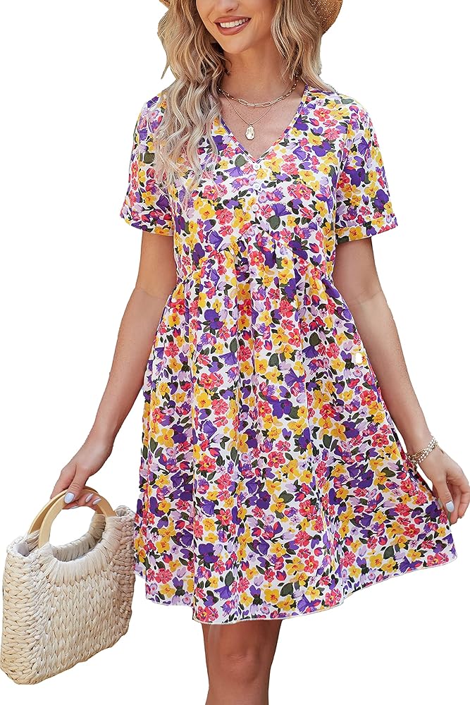 PRETTYGARDEN Summer Dress for Women 2024 Short Sleeve V Neck Ruffle Floral Swing A-Line Short Dresses