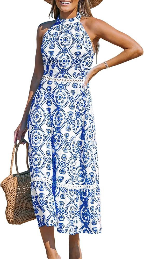 CUPSHE Women's Midi Dress Halter Paisley Sleeveless Cutout Waist Long Beach Boho Summer Dress