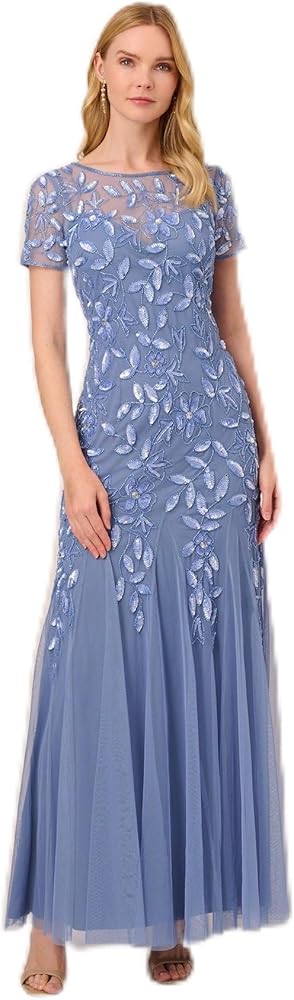 Adrianna Papell Women's Short-Sleeve Floral Beaded Godet Gown, French Blue