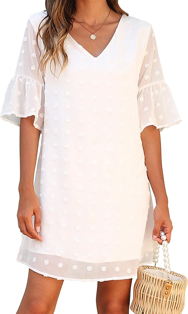 Blooming Jelly Womens White Dresses Short Sleeve V Neck Ruffle Cute Sun Dress Chiffon Flowy Shift Mini Dress