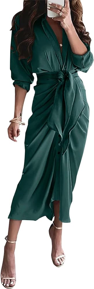 BTFBM Women Long Sleeve Satin Dress 2024 Spring Summer Lapel V Neck Button Down Belted Elegant Ruched Maxi Shirt Dresses