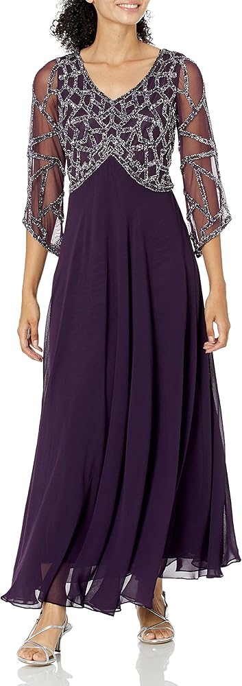 J Kara Women's Petite 3/4 Sleeve Geo Beaded Gown