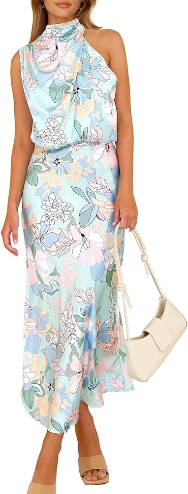 PRETTYGARDEN Women's 2024 Summer Satin Dress Elegant Sleeveless Mock Neck Cocktail Party Maxi Dresses