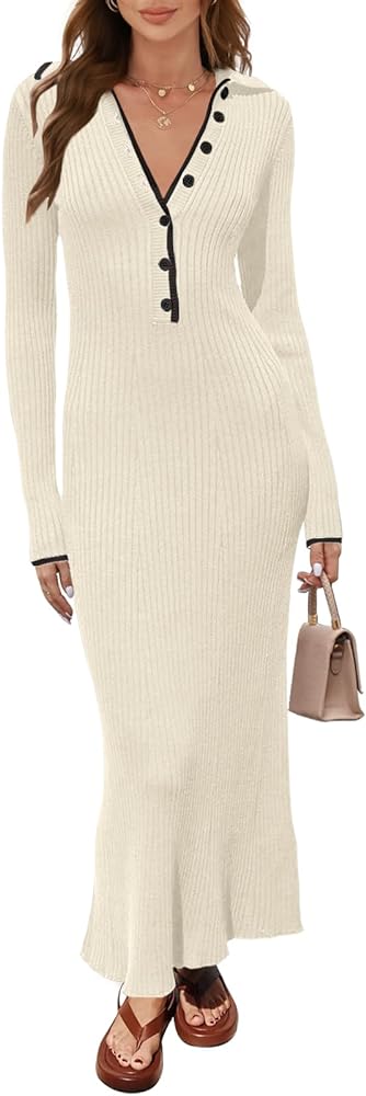 MEROKEETY Women's Long Sleeve V Neck Sweater Dress Button Ribbed Knit Slim Fit Elegant Maxi Dresses