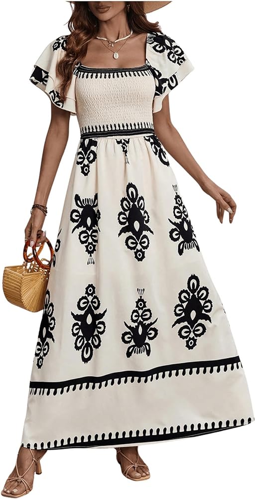 MakeMeChic Women's Floral Print Layered Short Sleeve Square Neck Ruffle High Waist A Line Summer Long Dress