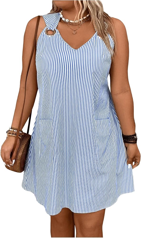 SOLY HUX Women's Sleeveless Striped Print Beach Dress Summer V Neck Sleeveless Short Tank Dress with Pocket