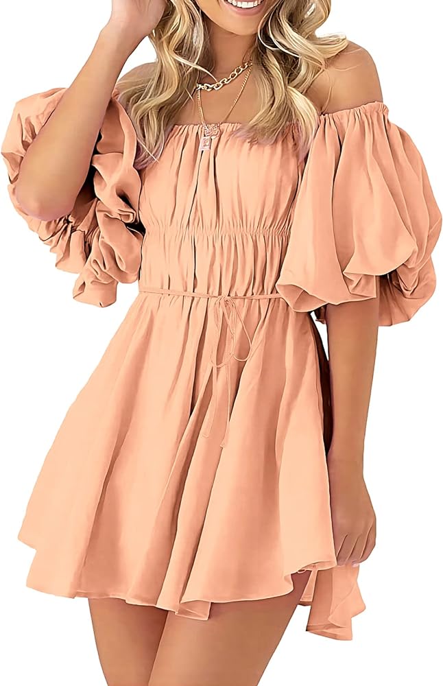 PRETTYGARDEN Women's Off The Shoulder Babydoll Dress Short Puff Sleeve Casual A Line Ruffle Summer Dresses