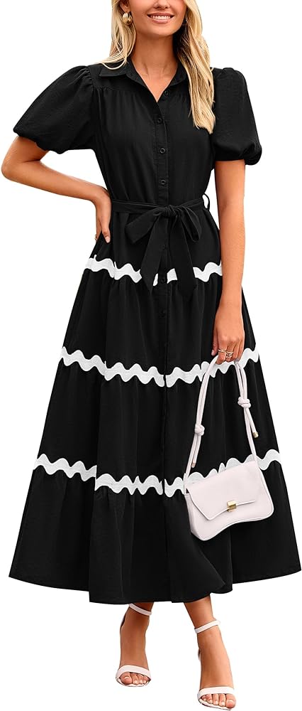 PRETTYGARDEN Women's Summer Maxi Dress Button Down Puff Short Sleeve Ruffle Casual Elegant Long Flowy Shirt Dresses with Belt