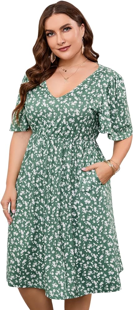 Plus Size dress Women's Plus Size Floral V-Neck Dress Short Sleeve Knee Length A-line Mini Dresses