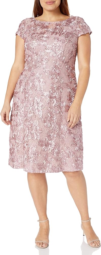 Alex Evenings Women's Plus Size Tea Length Dress with Rosette Detail