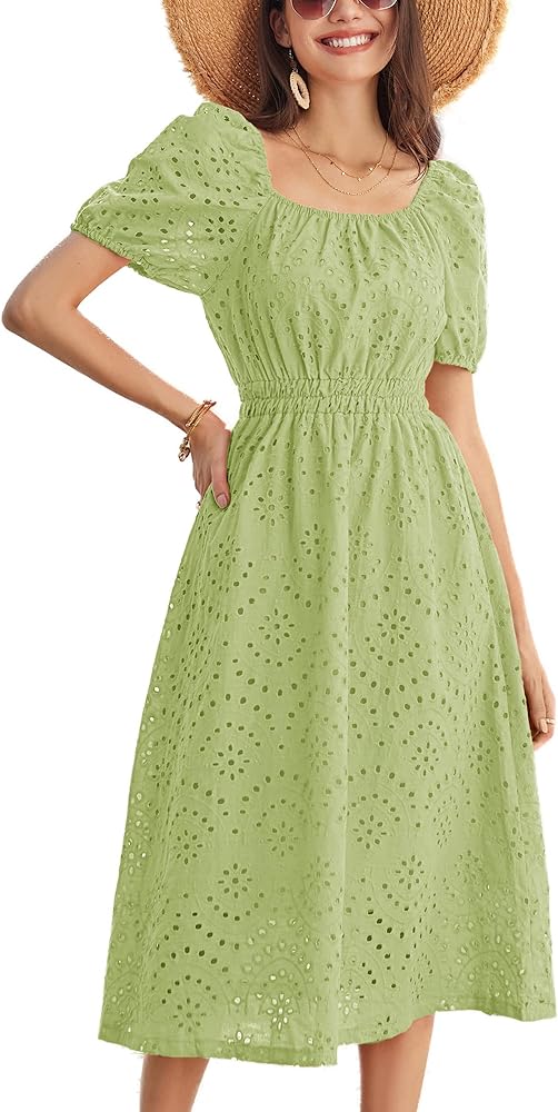 GRACE KARIN Women's Eyelet Dresses Summer Square Neck Short Puff Sleeve Casual A Line Boho Midi Dress