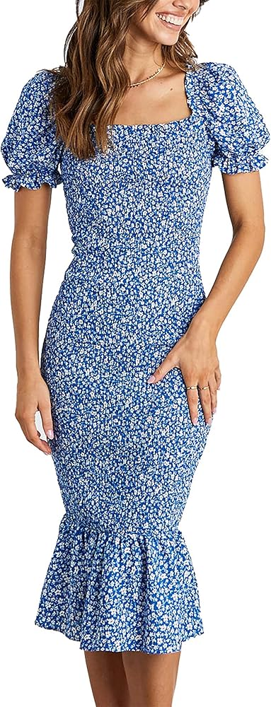 PRETTYGARDEN Women's Summer Floral Midi Bodycon Dresses Short Puff Sleeve Square Neck Ruffle Hem Mermaid Cocktail Dress