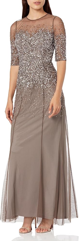 Adrianna Papell Women's 3/4 Sleeve Beaded Illusion Gown with Sweetheart Neckline