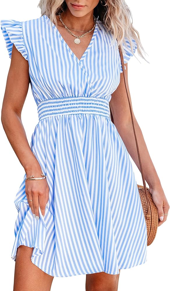 CUPSHE Women's Mini Dress V Neck Flutter Sleeve Striped Smocked Waist A Line Short Summer Cocktail Dress