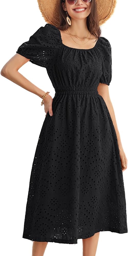 GRACE KARIN Women's Eyelet Dresses Summer Square Neck Short Puff Sleeve Casual A Line Boho Midi Dress