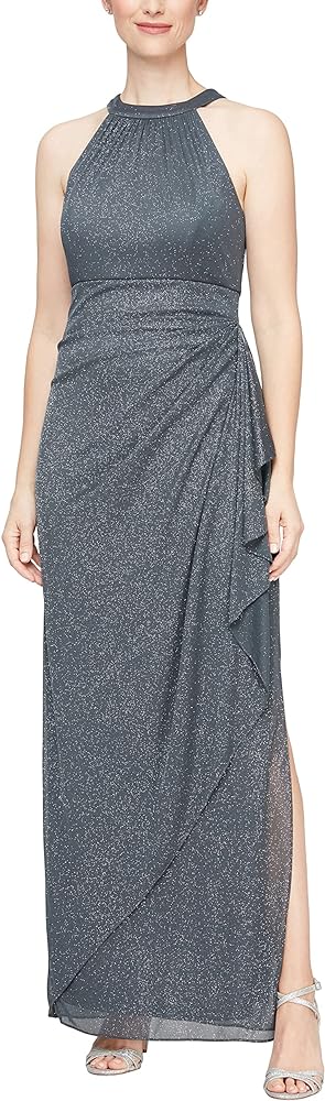 Alex Evenings Women's Long Glitter Mesh Halter Cascade Dress (Petite and Regular)