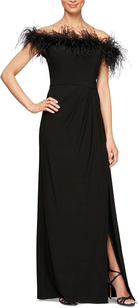 Alex Evenings Women's Long Length Off The Shoulder Gown with Front Slit and Maribou Detail Neckline, Formal Party Dress