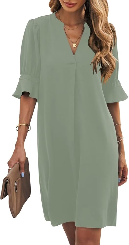 Wkior Shift Dress for Women V Neck Short Sleeves Solid Color Casual Flowy Summer Dresses(S-2XL)