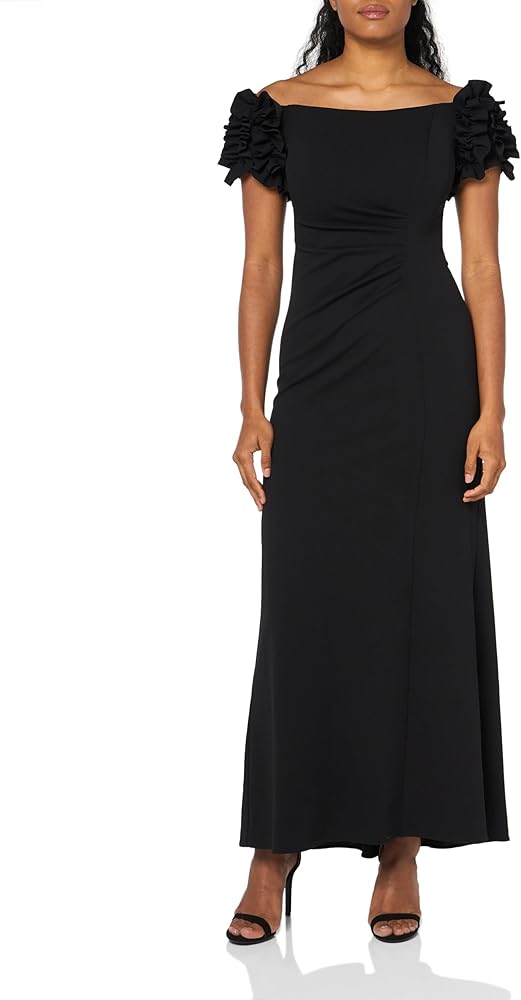 Xscape Women's Off The Shoulder Ruffle Scuba Crepe Floor Length Long Dress