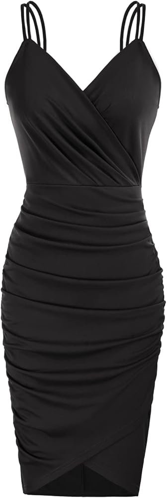 GRACE KARIN Women's Sexy Spaghetti Straps Cocktail Dresses for Wedding Guest Ruched V-neck Bodycon Dress