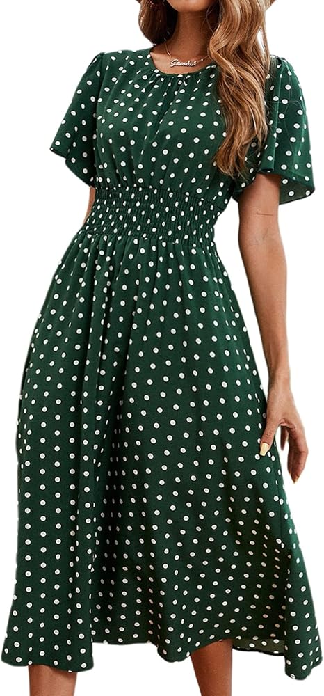 Verdusa Women's Polka Dots Print Short Sleeve Shirred A Line Flared Midi Dress