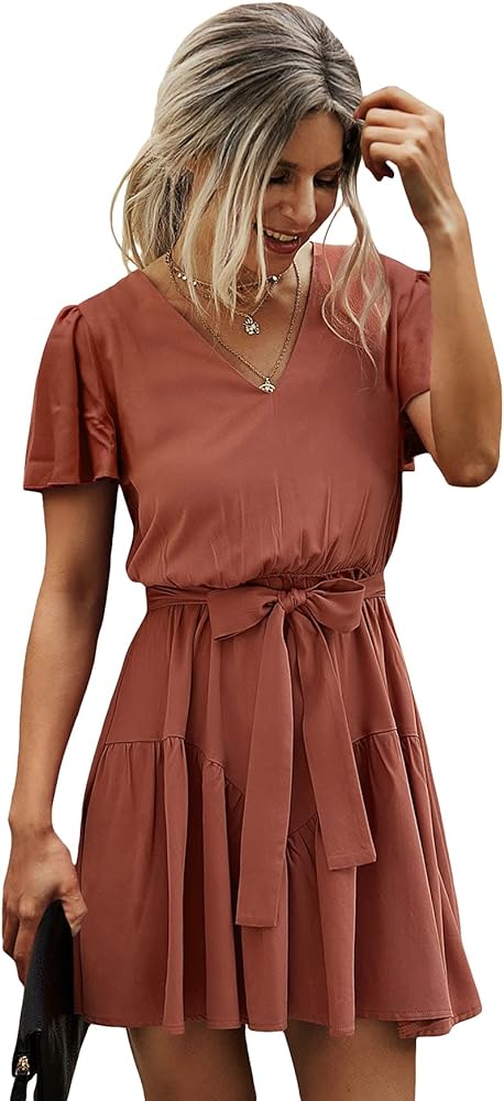 SOLY HUX Women's Casual V Neck Butterfly Short Sleeve High Waist Ruffle Hem Belted Dress