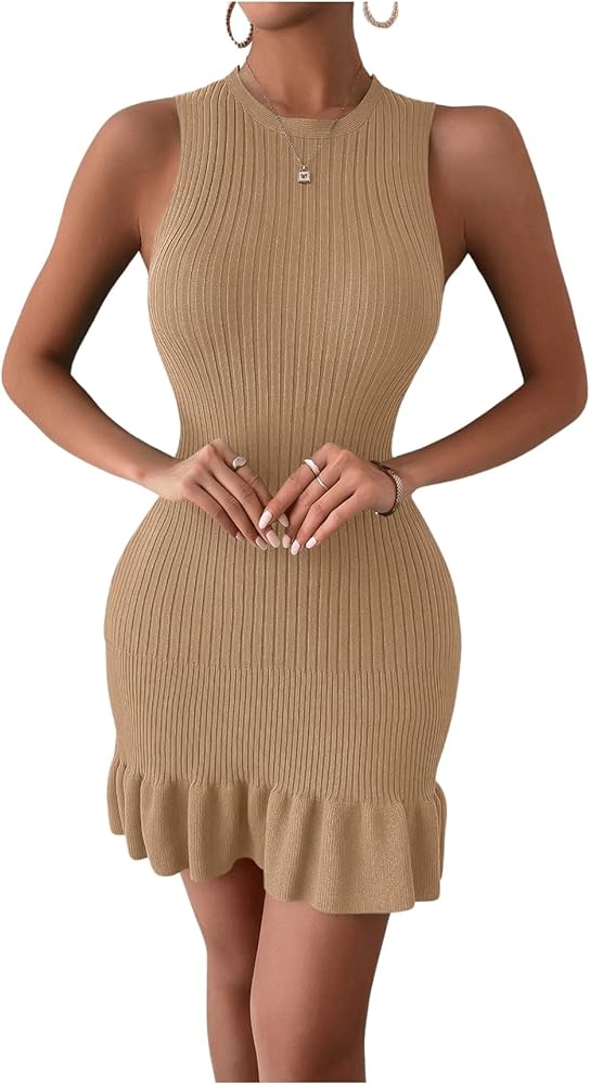 SOLY HUX Women's Sexy Sleeveless Bodycon Dress Ruffle Hem Ribbed Knit Sweater Slim Fit Ruched Stretchy Tank Mini Dresses