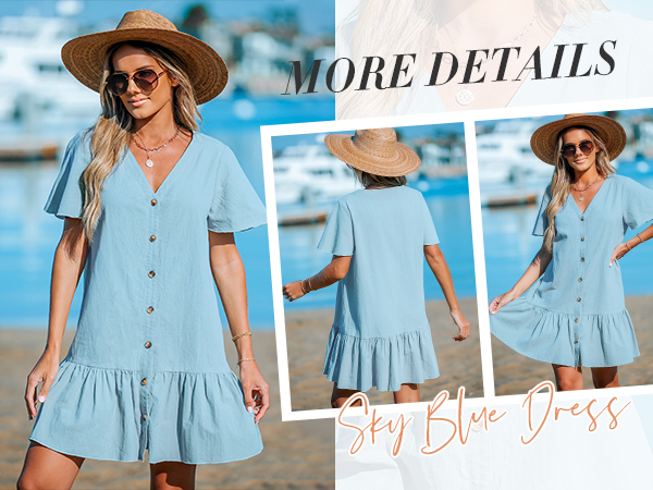 sky blue mini dress ruffled dress v neck button summer dress