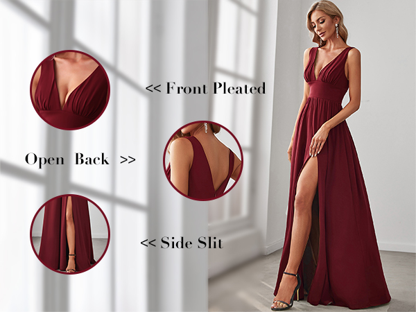 Ever-Pretty A Line Double V-Neck Backless High Slit Knit Long Bridesmaid Dresse