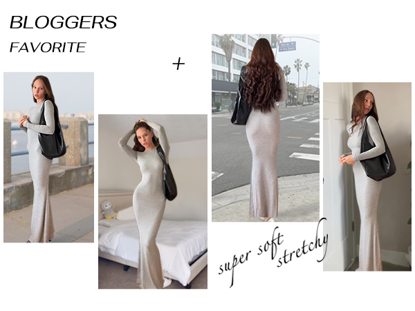 Women''s Sexy Crew Neck Lounge Long Dress Elegant Long Sleeve Ribbed Bodycon Maxi Dresses