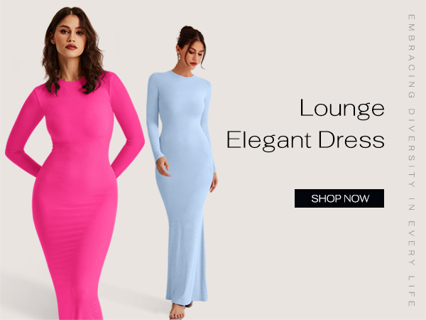 Women''s Sexy Crew Neck Lounge Long Dress Elegant Long Sleeve Ribbed Bodycon Maxi Dresses