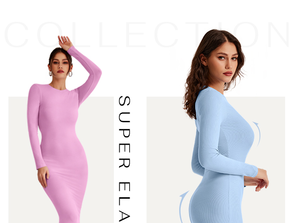 Women''s Sexy Crew Neck Lounge Long Dress Elegant Long Sleeve Ribbed Bodycon Maxi Dresses