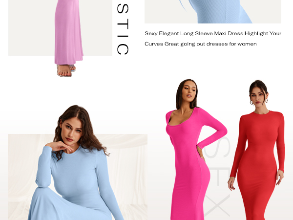 Women''s Sexy Crew Neck Lounge Long Dress Elegant Long Sleeve Ribbed Bodycon Maxi Dresses