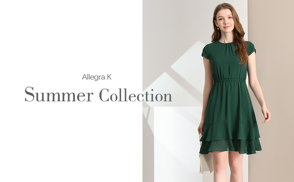 Allegra K Women''s Ruffled Hem Cap Sleeve High Waist A-Line Layered Work Office Midi Dress 