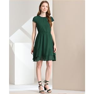 Allegra K Women''s Ruffled Hem Cap Sleeve High Waist A-Line Layered Work Office Midi Dress 