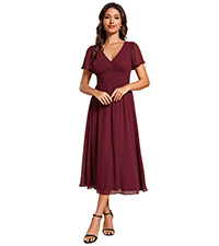 Women A Line V Neck Short Sleeves Pleated Midi Wedding Guest Dresses