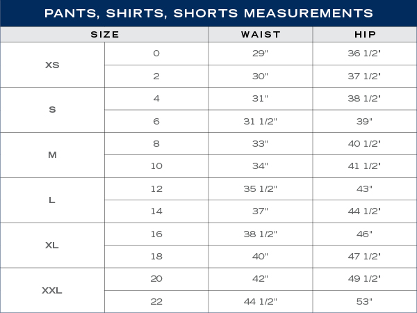 pants shirts shorts measurements