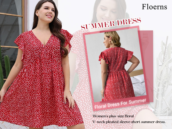 Floerns Women''s Plus Size Floral V Neck Ruffle Sleeve Short Summer Dress