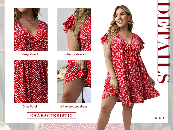 Plus Size Floral V Neck Ruffle Sleeve Short Summer Dress