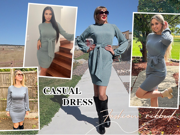 Women&#39;s C asual Knit Dress Long Lantern Sleeve Fall Bodycon Dress