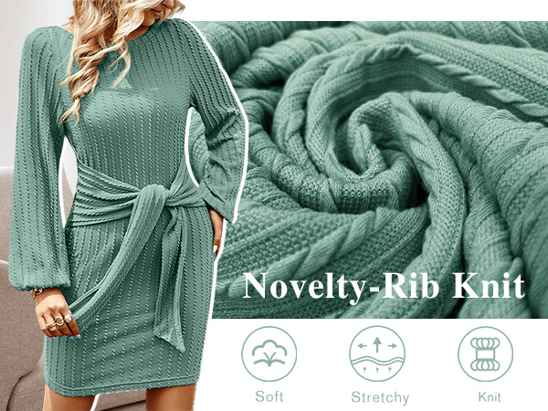 Women''s Bodycon Dress Tie Waist Dress Fall Long Sleeve Dress Rib Knit Sweater Winter Dresses 