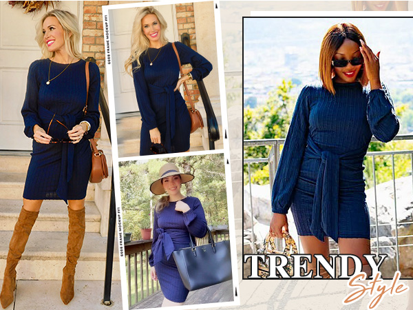 Women Casual Knit Dress Long Sleeve Fall Bodycon Dress Tie Waist Rib Knitted Sweater Dresses