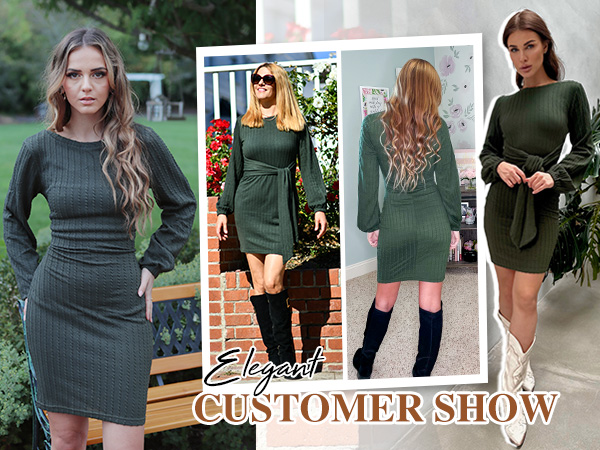 Women''s Casual Knit Dress Long Sleeve Fall Bodycon Dress Tie Waist Rib Knitted Sweater Dresses