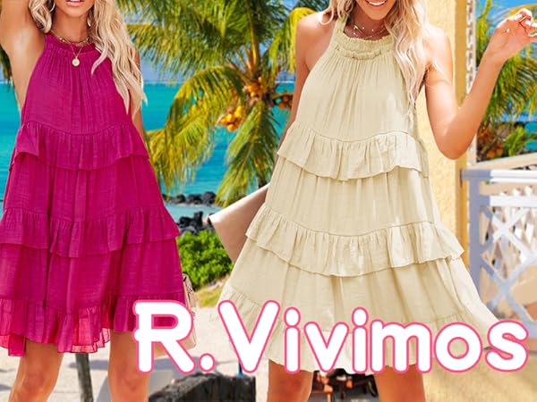 Women&#39;s Summer Dress Boho Sleeveless Halter Layered Ruffle Casual Swing Mini Dress with Pockets