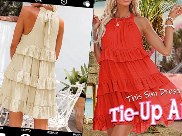 Women&#39;s Summer Dress Boho Sleeveless Halter Layered Ruffle Casual Swing Mini Dress with Pockets