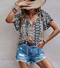 Angashion Women Summer v neck boho Floral Printed Tops